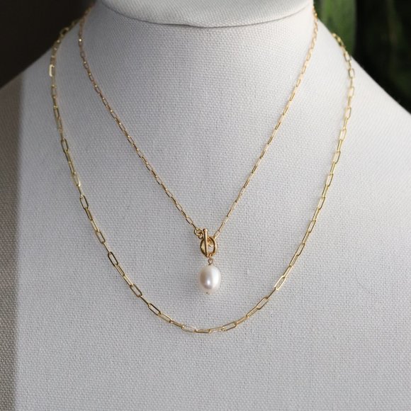 10K Gold Vermeil - Pearl Toggle Paperclip Chain Necklace - Picture 8 of 12